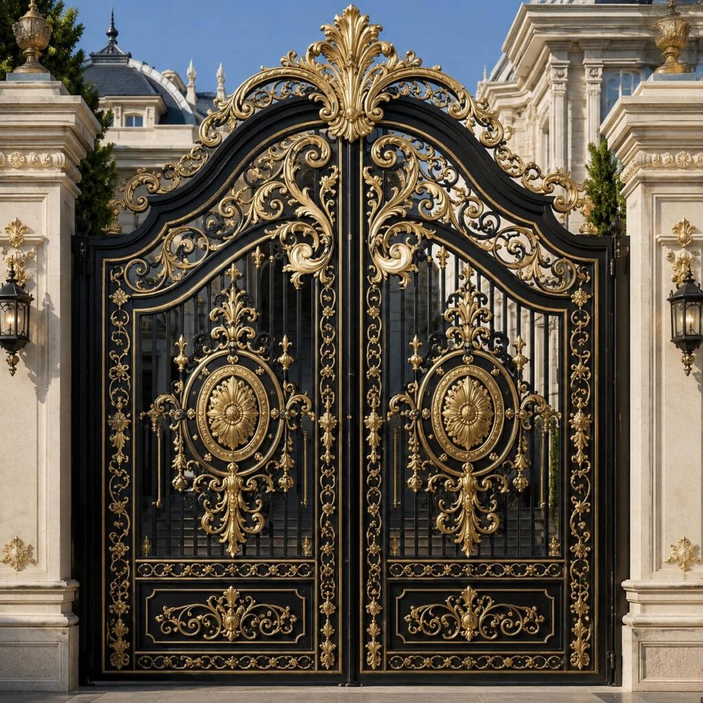 نصب درب حیاط مشکی طلایی روی چارچوب شاقول