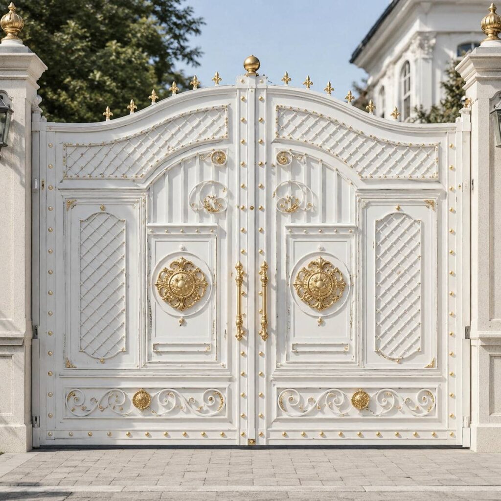 تولید درب حیاط سفید طلایی مدل دو لنگه