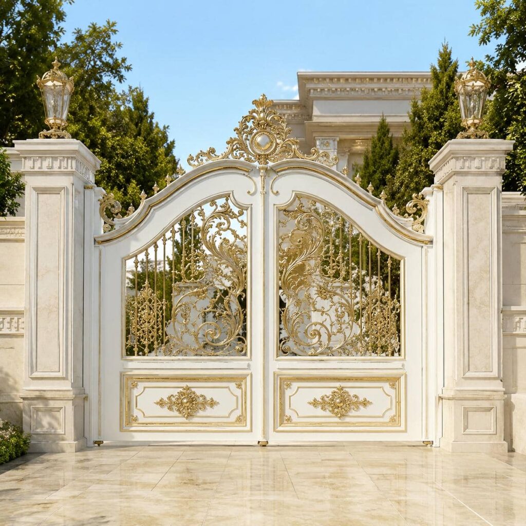 تعمیر درب حیاط سفید طلایی و رگلاژ لولا